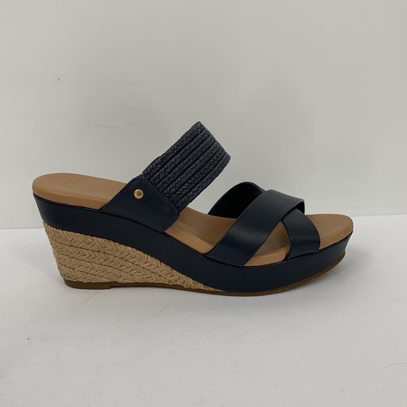 UGG Adriana platform wedge espadrille slide sandal shoe criss cross navy blue 9 - Picture 1 of 8